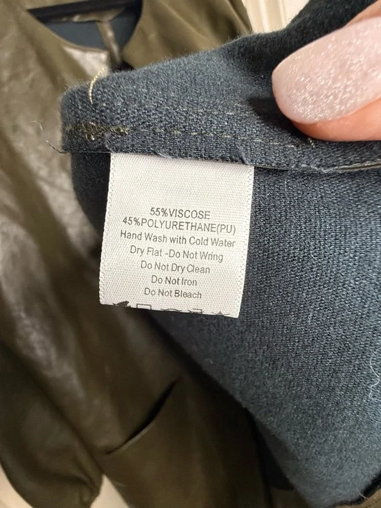 Olive Faux Leather Jacket Women M/L Open Front Lightweight Chic Rare by p. Cill - Picture 8 of 10